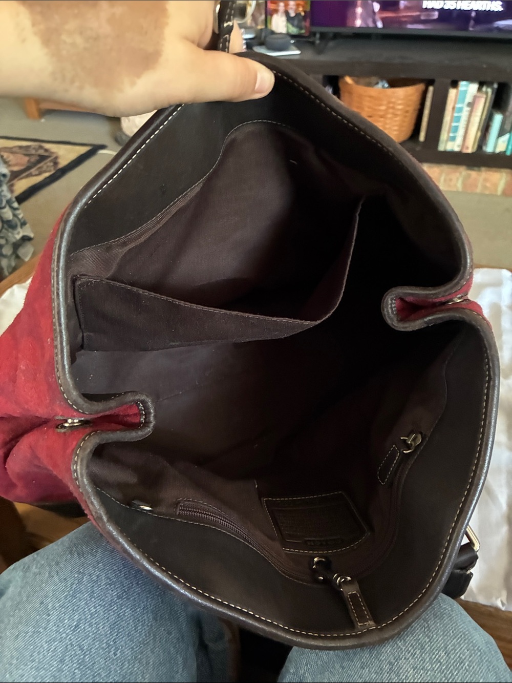 Coach Red Canvas Signature Tote with Brown Leather Trim - Picture 5 of 6